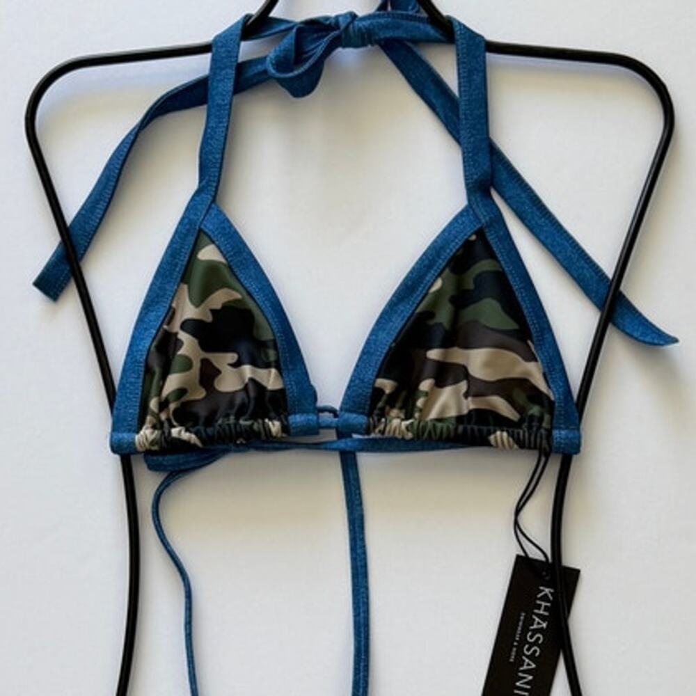 Khassani Swim Tiny Triangle Bikini Top - Army / Jeans  - L - NWT